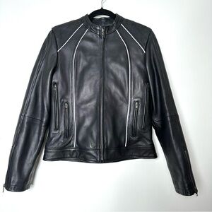 Women's Black Leather Jacket with White Piping